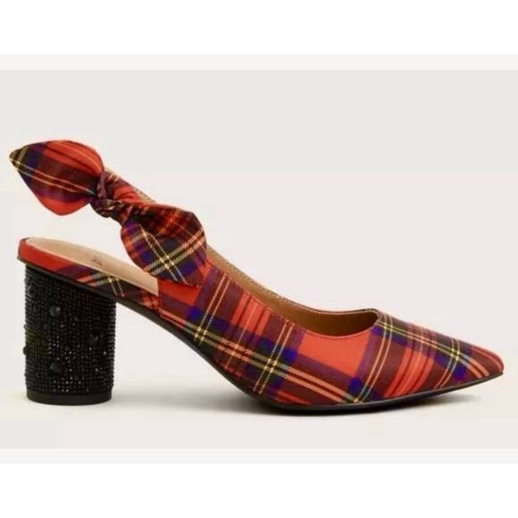 Torrid Betsey Johnson Red Holiday Plaid Slingback Pumps Bling Heels 9W - Picture 7 of 8